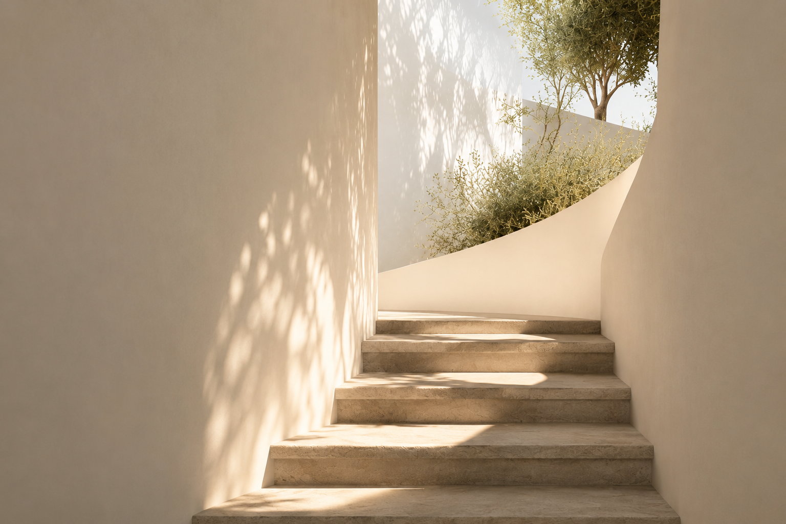 Warm sunlit staircase leading upward with olive trees